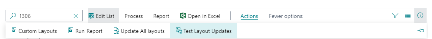 creenshot of Business Central layout actions menu with highlighted option to test layout updates.