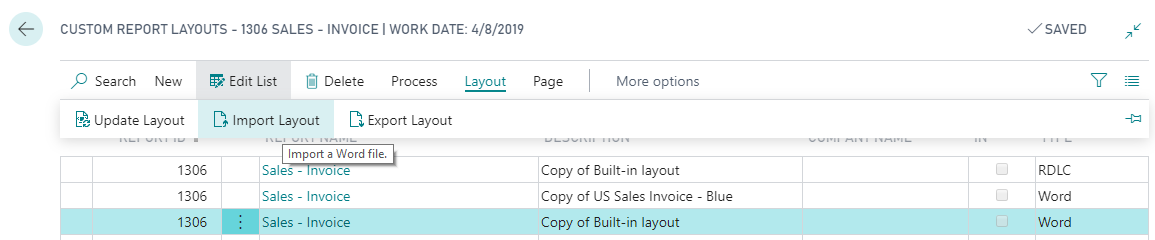 Screenshot of Business Central custom report layout screen with highlighted option to import a Word file.