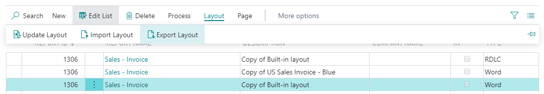 Screenshot of Business Central report layout list with options to update, import, or export layouts.