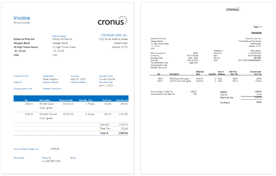 Screenshot of two sample invoice layouts in Business Central showing different formatting and styles.