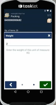 Mobile WMS screen showing packing details with item quantity and weight entry field.