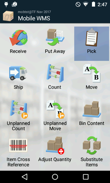Screenshot of Mobile WMS app menu with icons for tasks like Receive, Pick, Ship, Count, and Adjust Quantity.