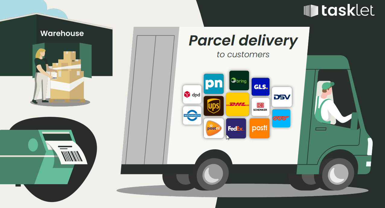 Illustration of a warehouse worker scanning parcels, with a delivery truck showing parcel carrier logos like DHL, FedEx, and UPS.
