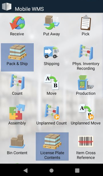Screenshot of Mobile WMS app menu with expanded options including Pack & Ship, Shipping, Production, and Assembly.