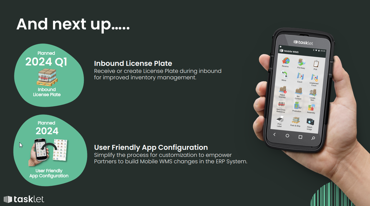 Visualization of Tasklet’s roadmap showing upcoming features: Inbound License Plate and User-Friendly App Configuration.