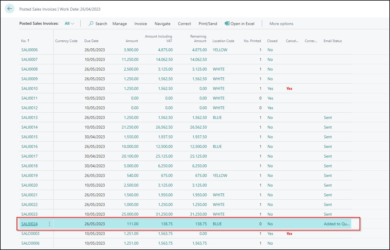 Screenshot of the posted sales invoices list in Business Central showing email status.