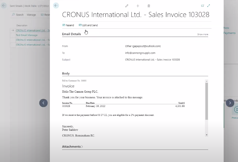 Screenshot of a sales invoice email in Business Central showing email details, invoice body, and recipient information.