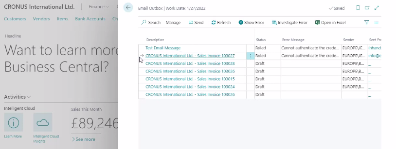 Screenshot of the Business Central email outbox showing failed and draft sales invoice messages.