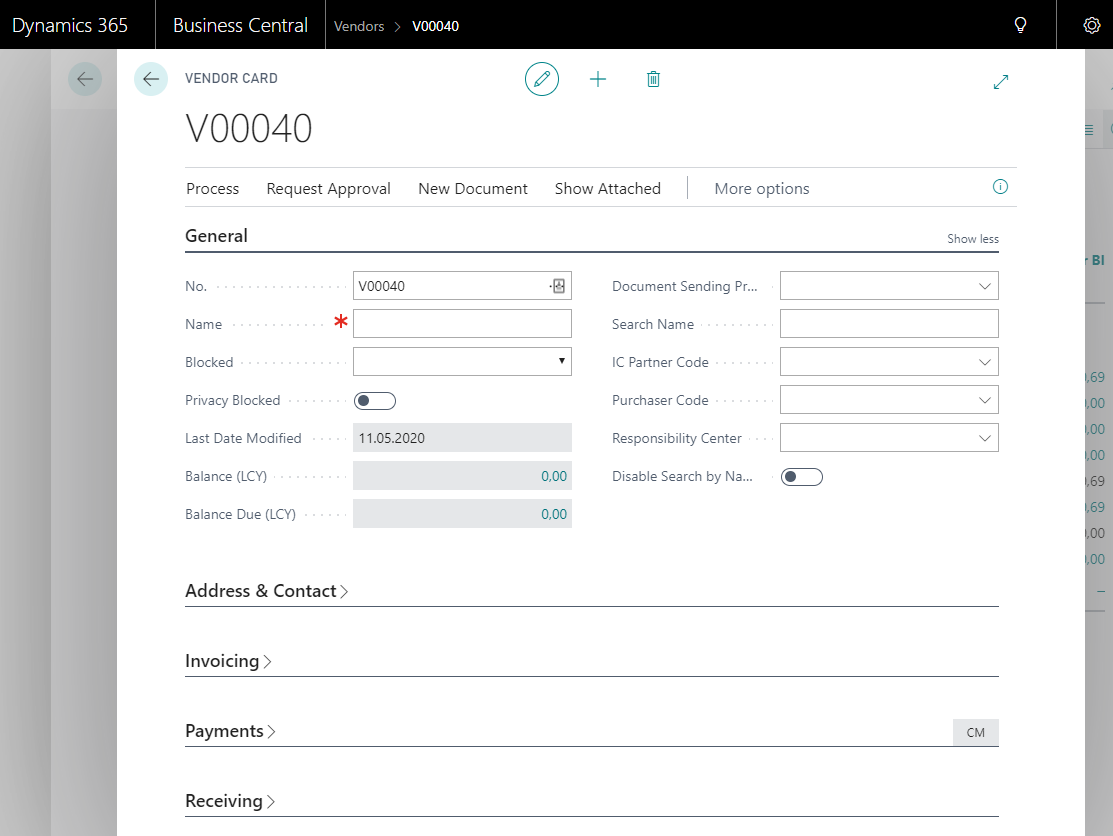 Screenshot of a new Vendor Card in Business Central showing fields for general details, address, contact, invoicing, and payments.