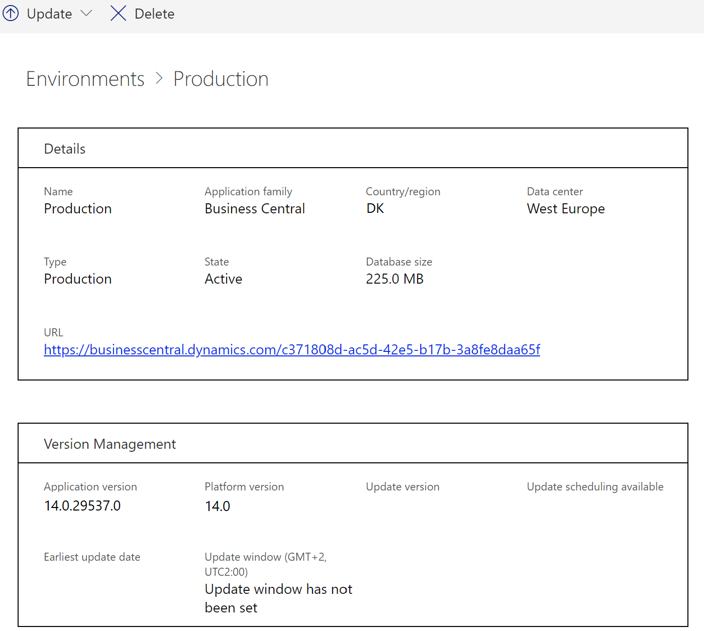 Screenshot of production environment details in Dynamics 365 Business Central Administration Center.