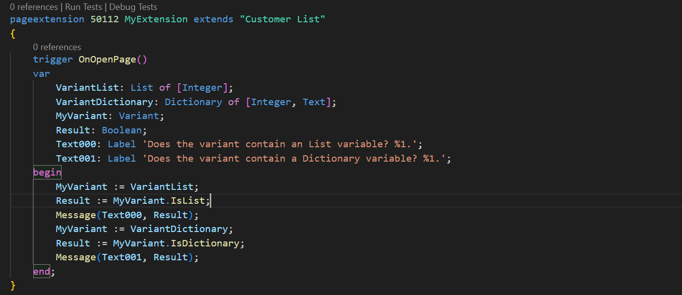 Screenshot of AL code showing Variant type with new IsList and IsDictionary methods.
