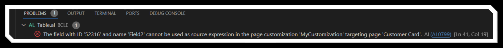 Screenshot of AL error message about invalid field usage in page customization.