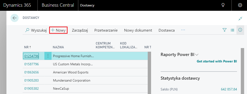 Business Central dostawca