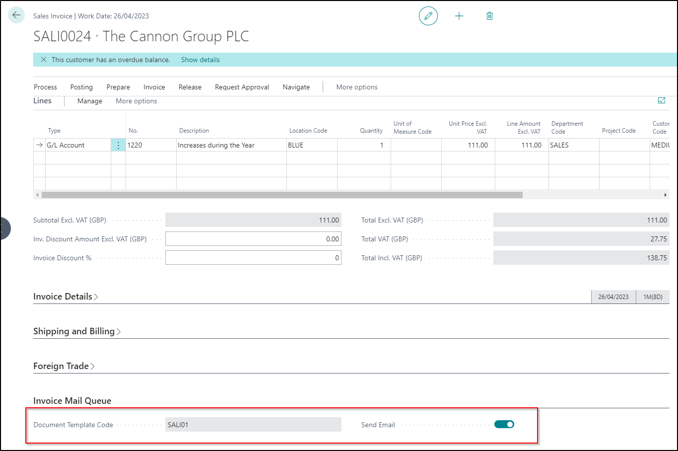 Screenshot of a sales invoice in Business Central with the option to add the document to the invoice mail queue.