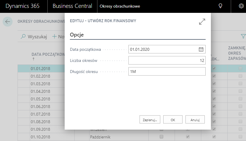 Business Central rok fiskalny