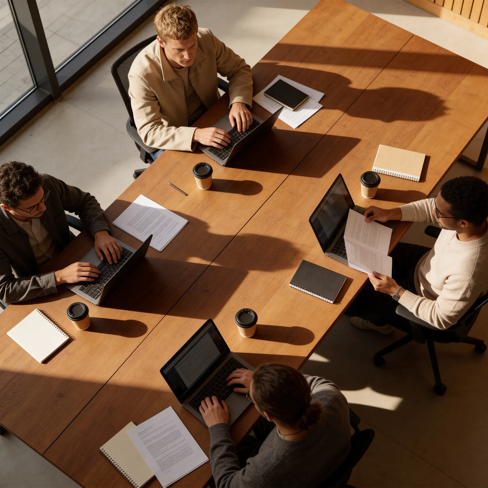 Four people working on laptops and reviewing documents around a wooden table with coffee cups and notebooks.
