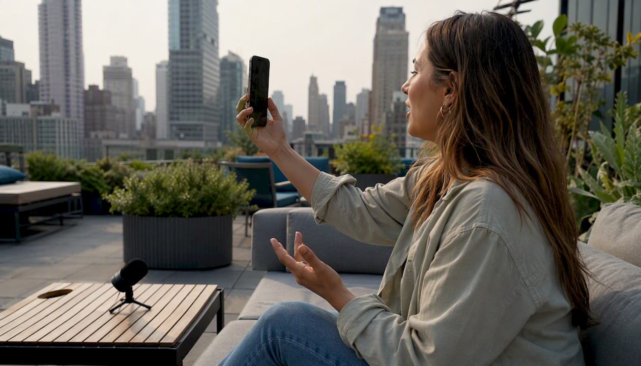 Creator recording testimonial on smartphone