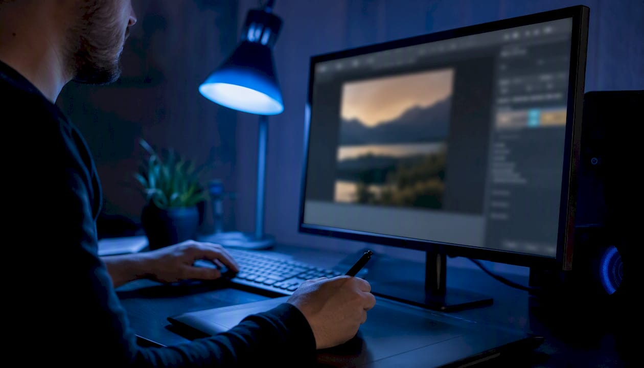 Hands compressing hero images on workstation