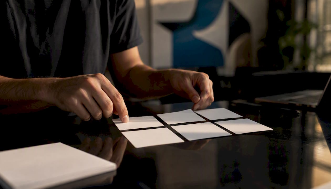 Hands assembling creative test matrix cards