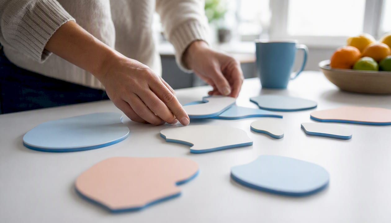 Hands arranging marketing channel tiles