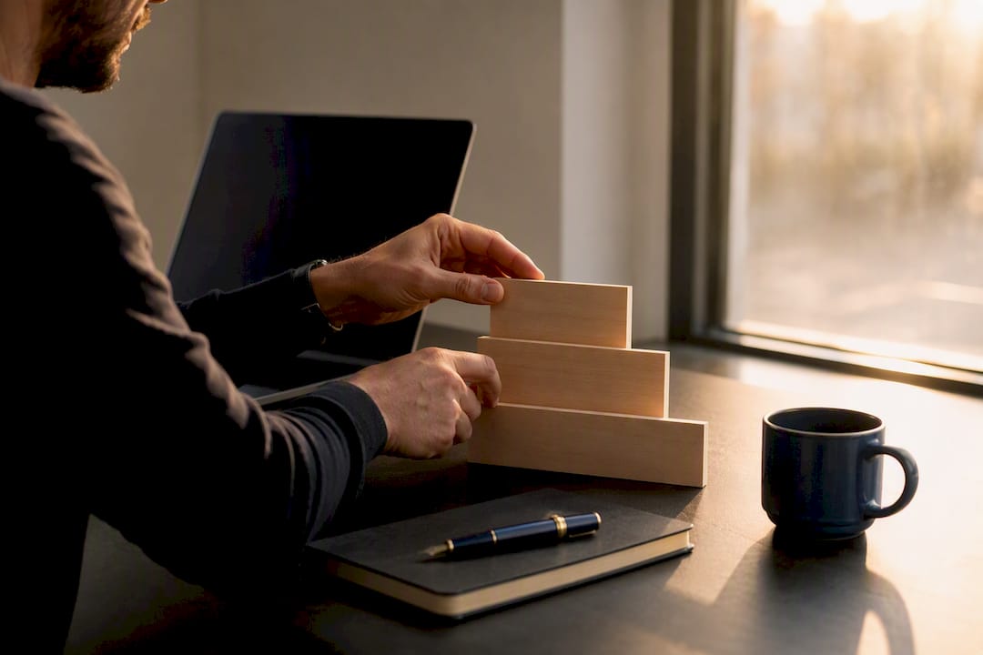 Hands arranging three-tier pricing blocks