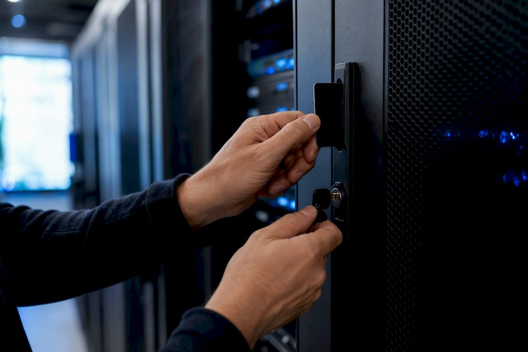 Hands typing near locked server cabinet
