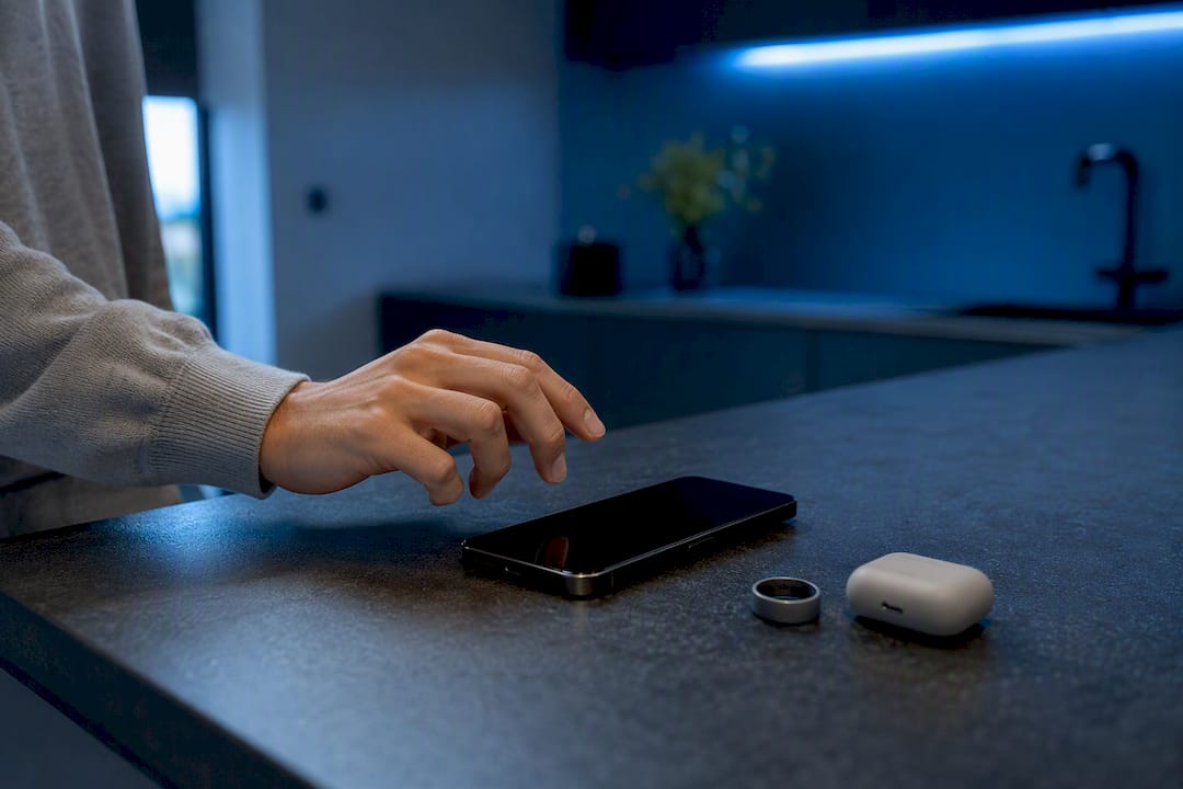 Hand poised above smartphone for mobile shopping