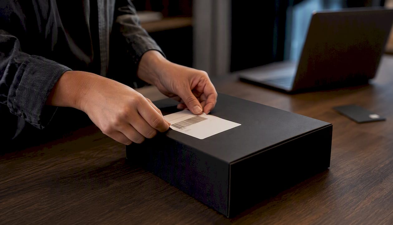 Hands labeling package with payment card nearby