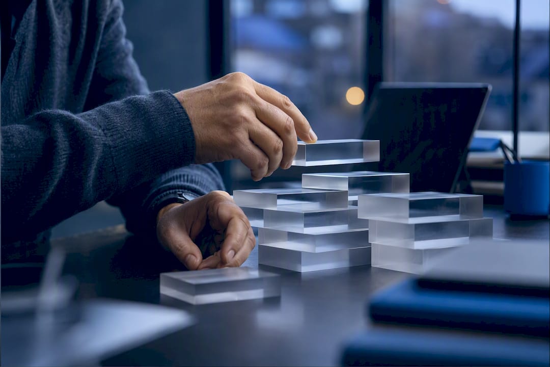 Hands layering audience targeting blocks on desk