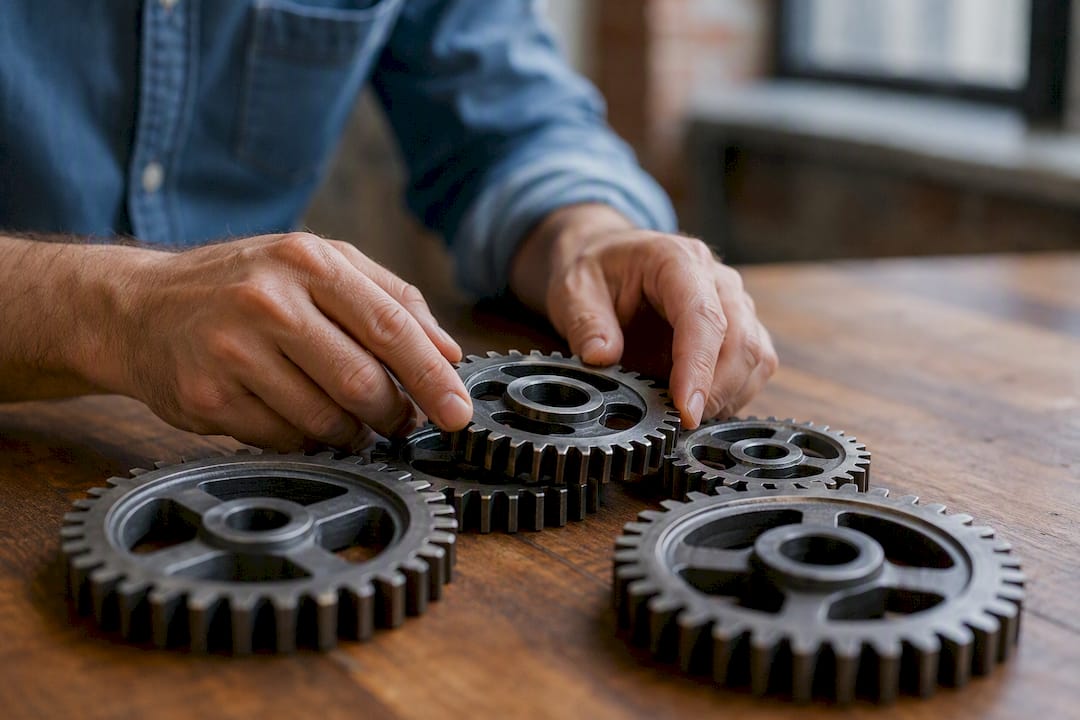 Hands assembling interlocking gears