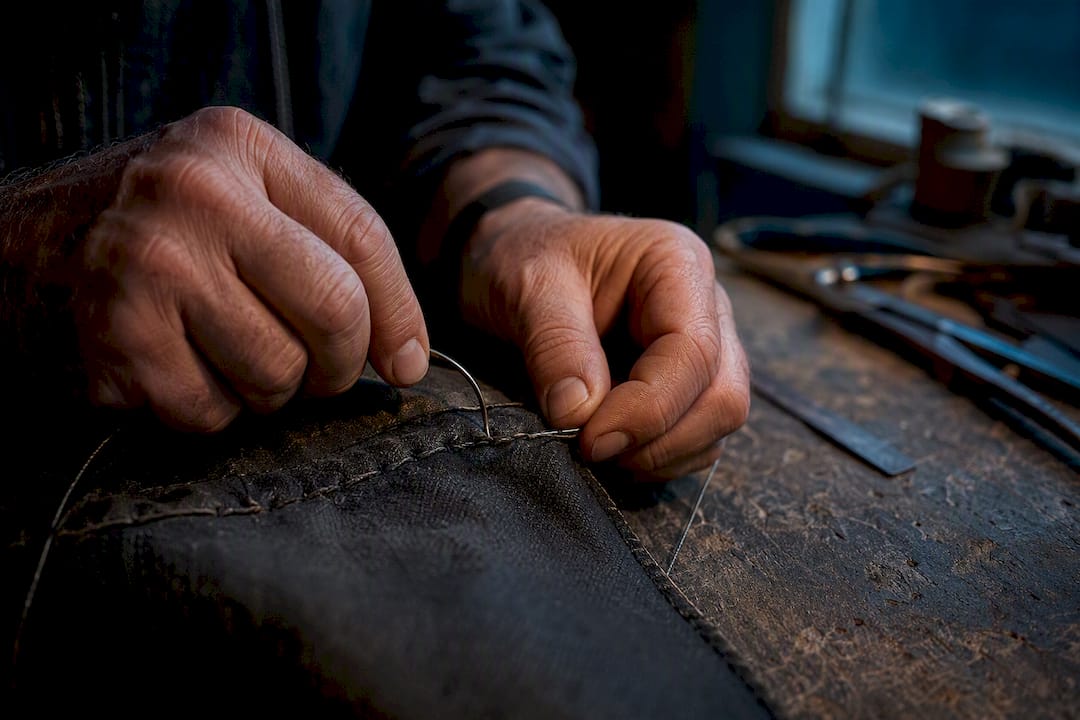 Hands hand-stitching durable fabric details