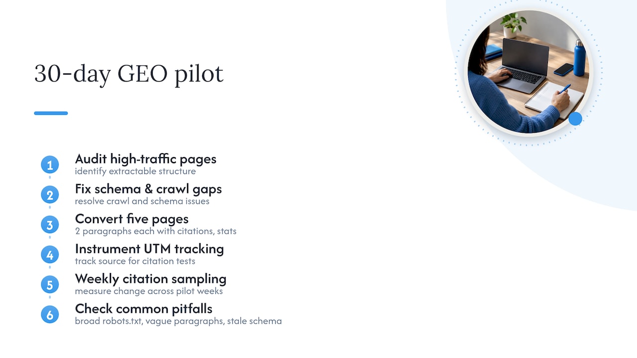 Thirty-day GEO pilot workflow