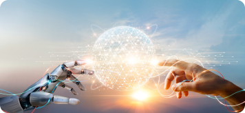 Robotic hand and human hand reaching toward a glowing sphere