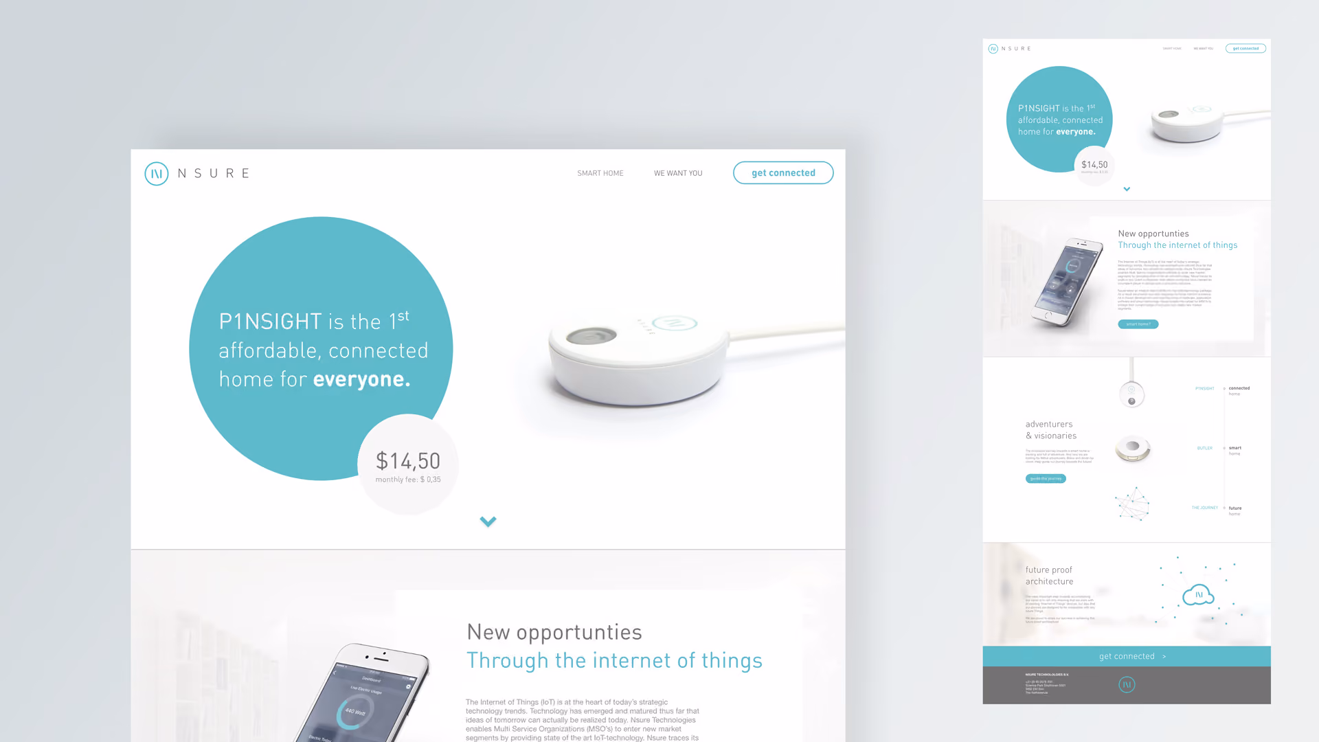 Nsure P1NSIGHT device as affordable connected home solution with smartphone app and IoT technology info.