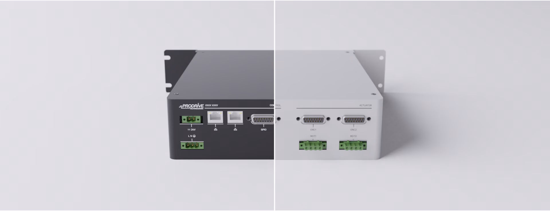 Electronic device with connectors split vertically showing black and white versions on a plain background.