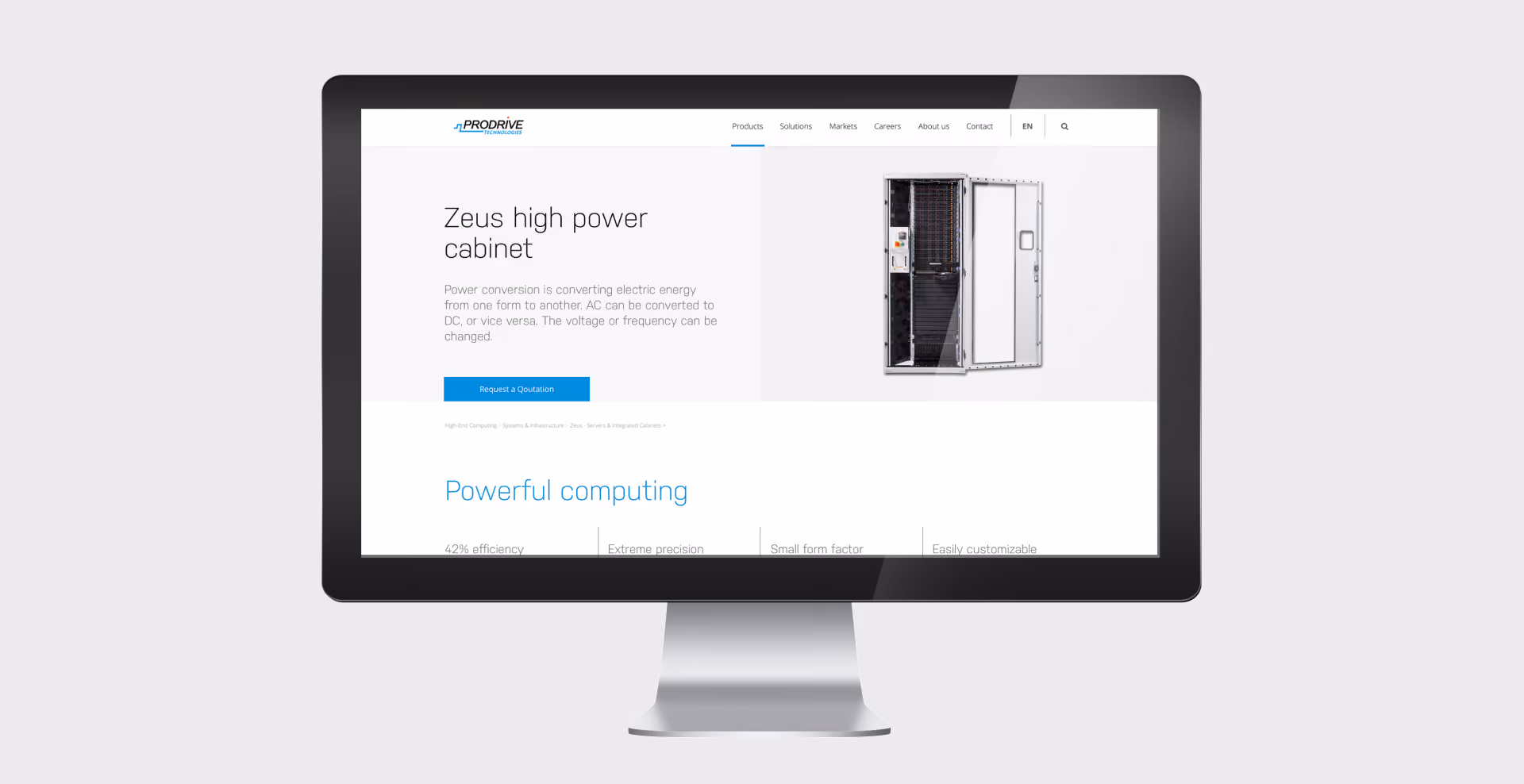 Computer screen showing Zeus high power cabinet product page with description and an open cabinet image.