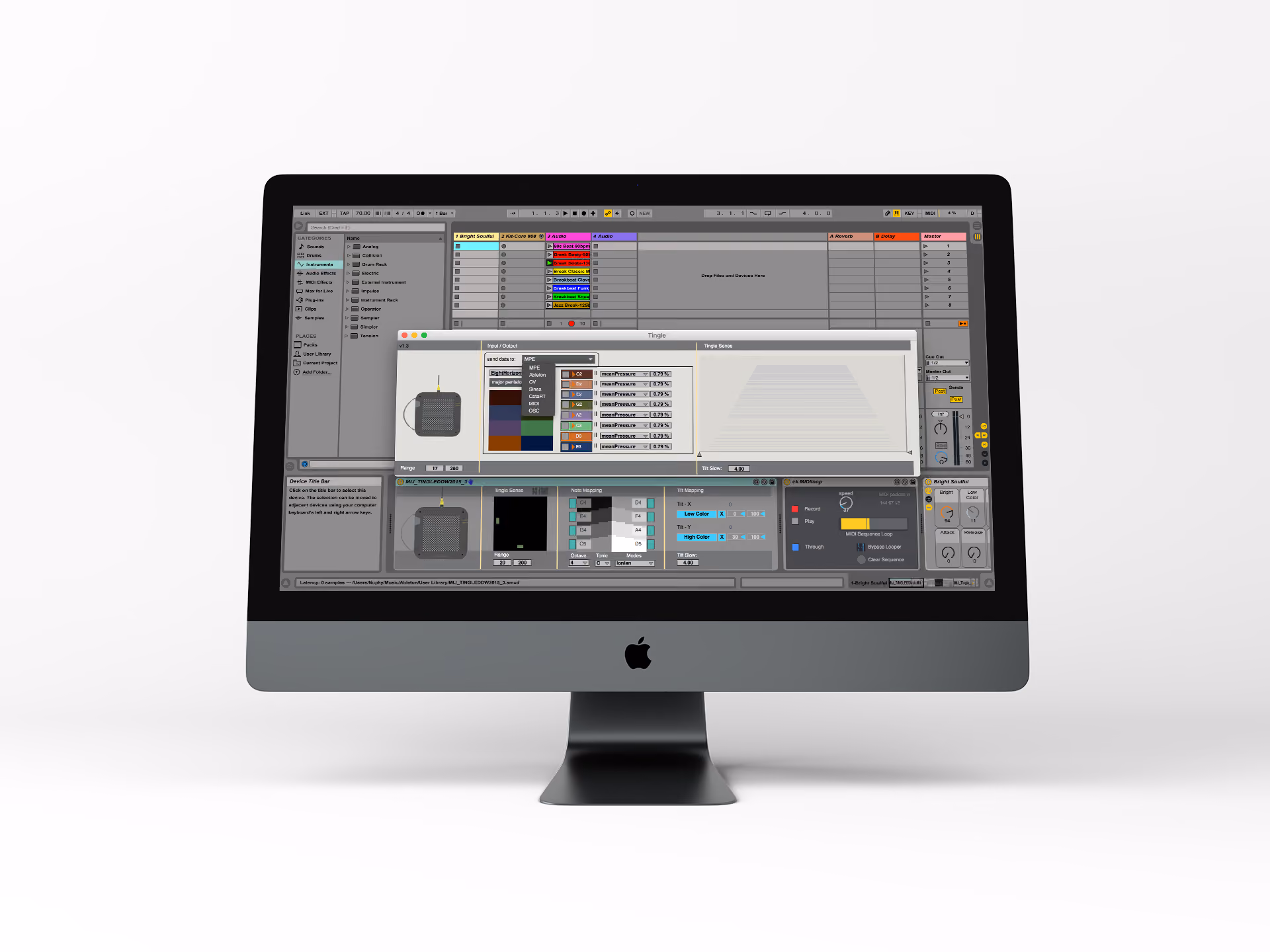 Apple iMac screen displaying music production software with a plugin window open.