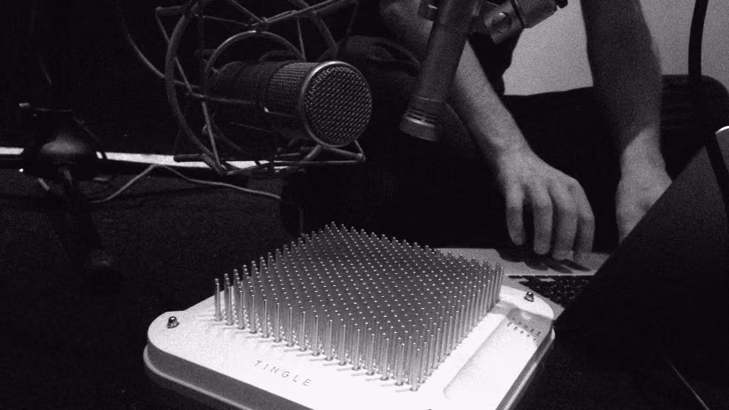 Close-up of a Tingle pin art toy with person using a laptop and microphone in background.