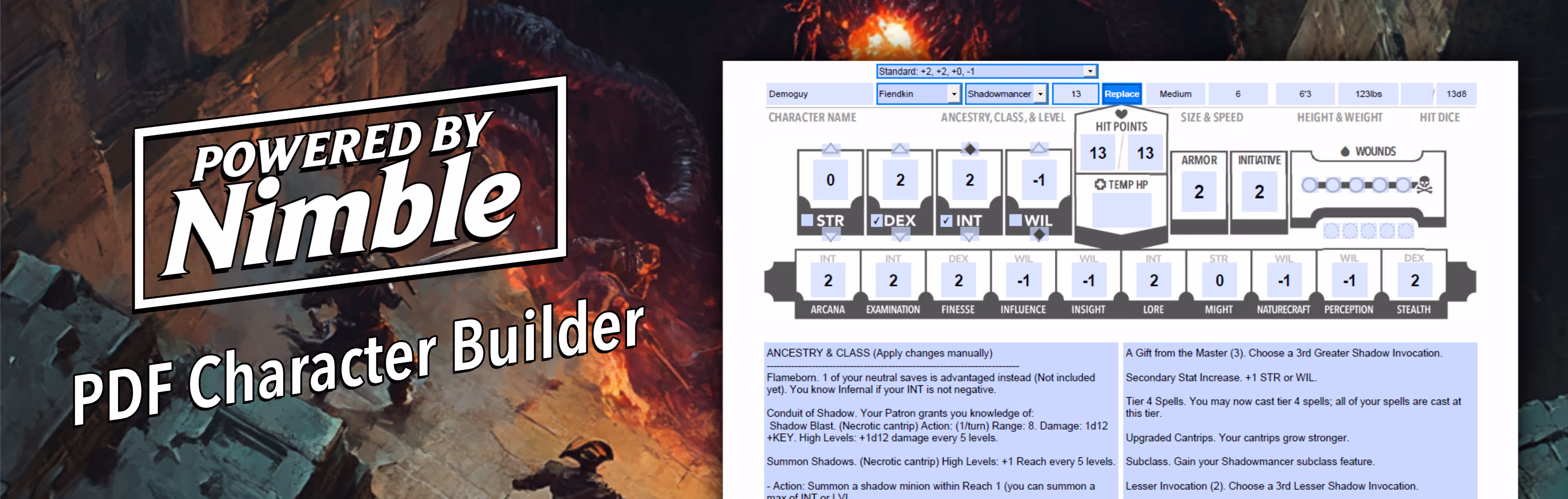 PDF character builder interface powered by Nimble with stats and class details shown on a fantasy game sheet.