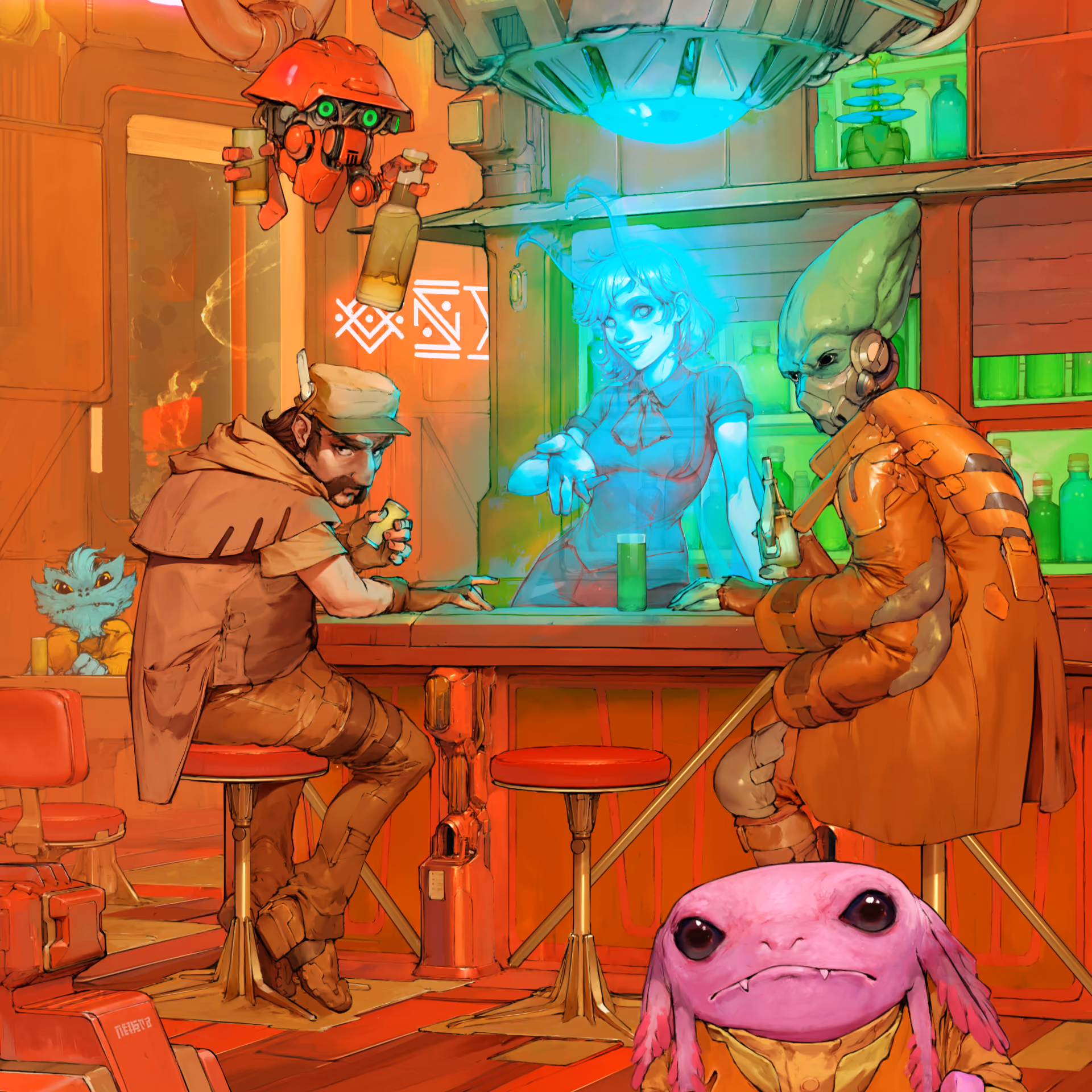 Futuristic bar scene with diverse humanoids, a holographic bartender, and a pink alien creature.