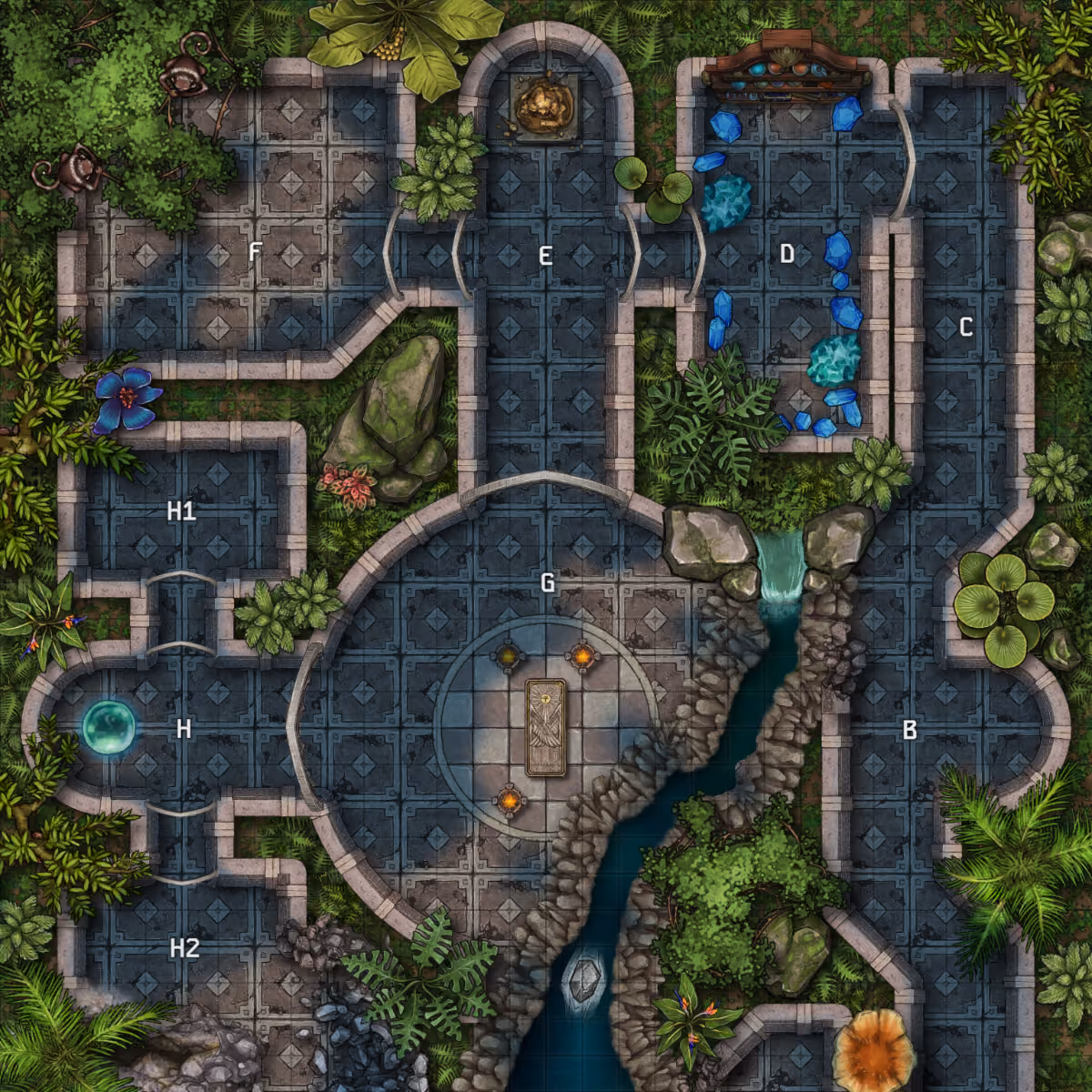 Top-down dungeon map with labeled rooms, natural vegetation, crystals, flowing water, and stone pathways.