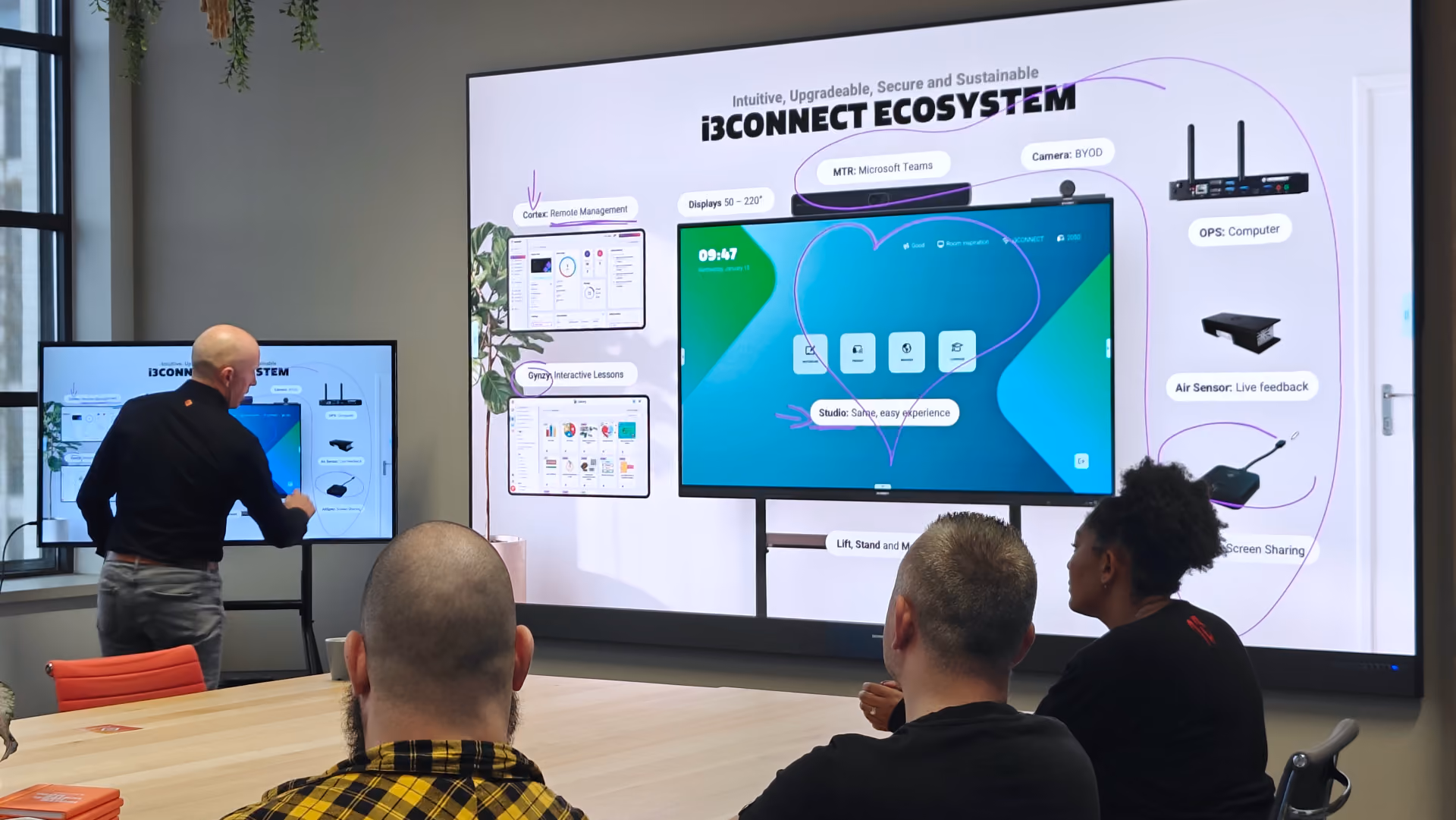 A man drawing over a presentation about the i3CONNECT ecosystem that is being enlarged on a large LED wall display while others watch