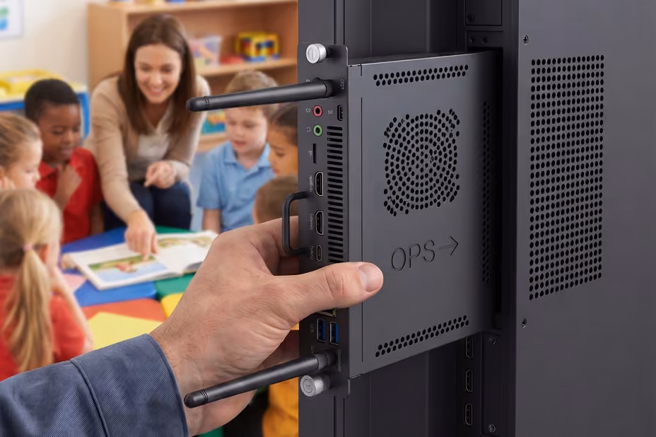 An OPS computer is slid into a display to upgrade it to the new studio experience as provided by i3CONNECT. 