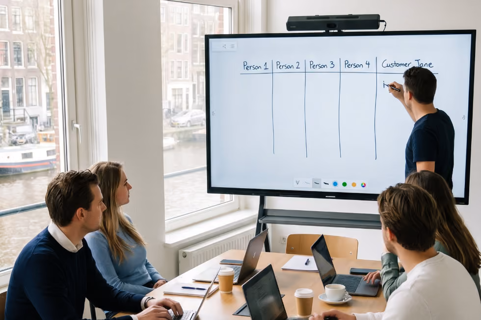 A man running a brainstorm in a teen's call, just outside a river in Amsterdam, in a meeting room 