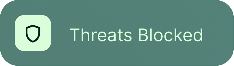 Green shield icon next to text reading Threats Blocked on a rounded green button.