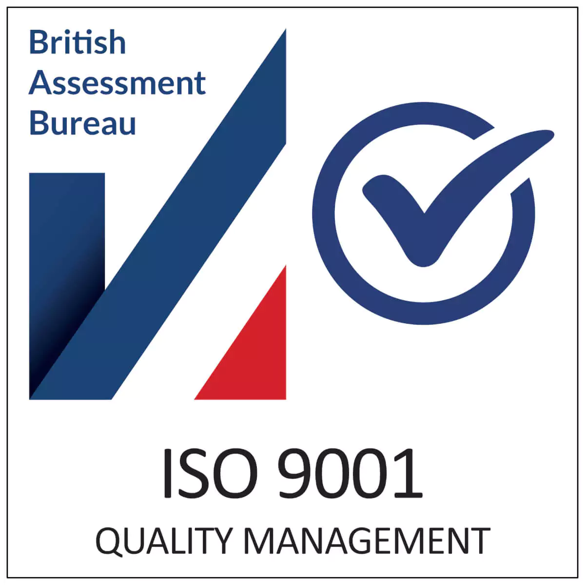 British Assessment Bureau ISO 9001 Quality Management certification logo with check mark.
