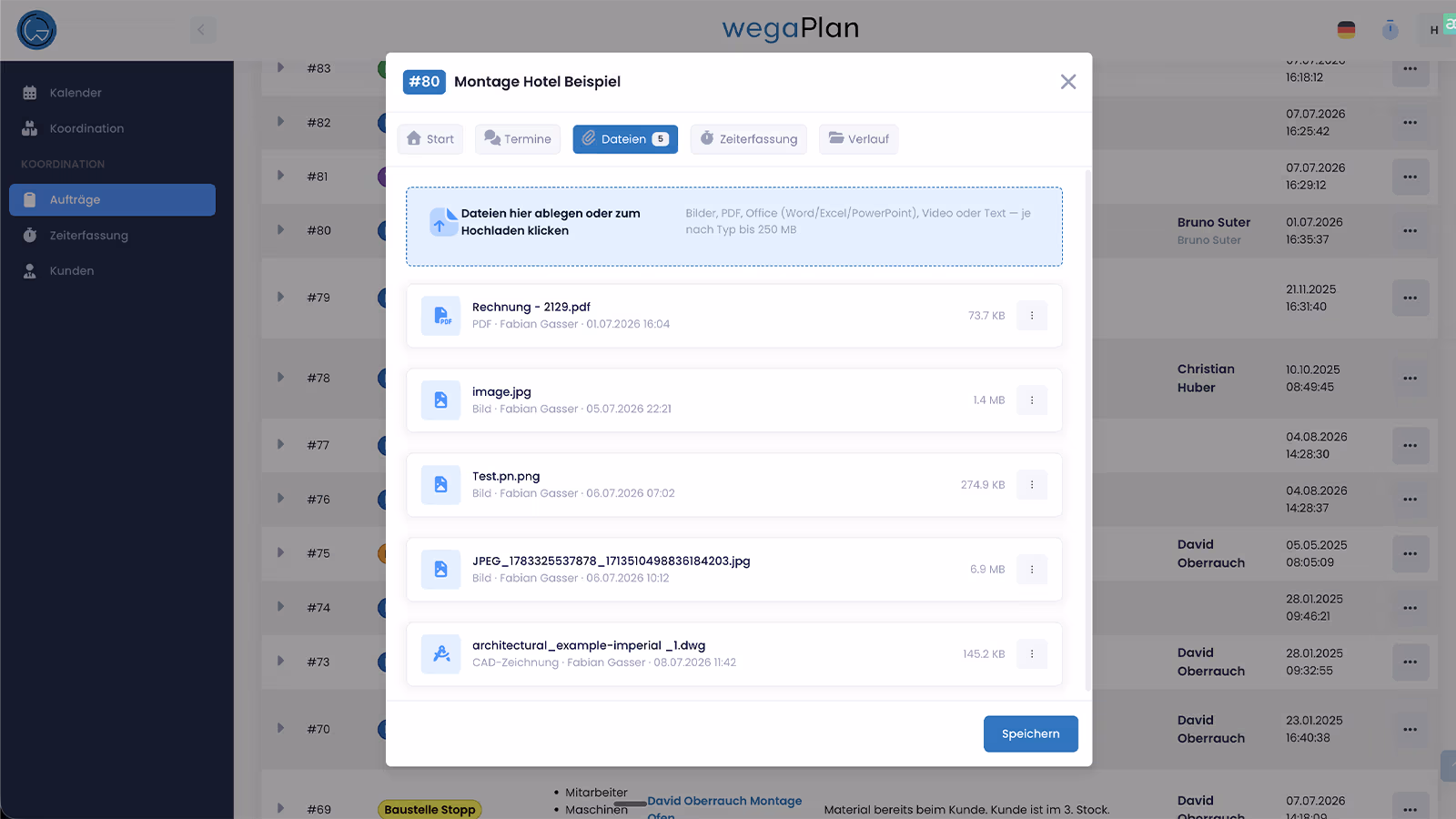 Funzione di caricamento documenti in wegaPlan