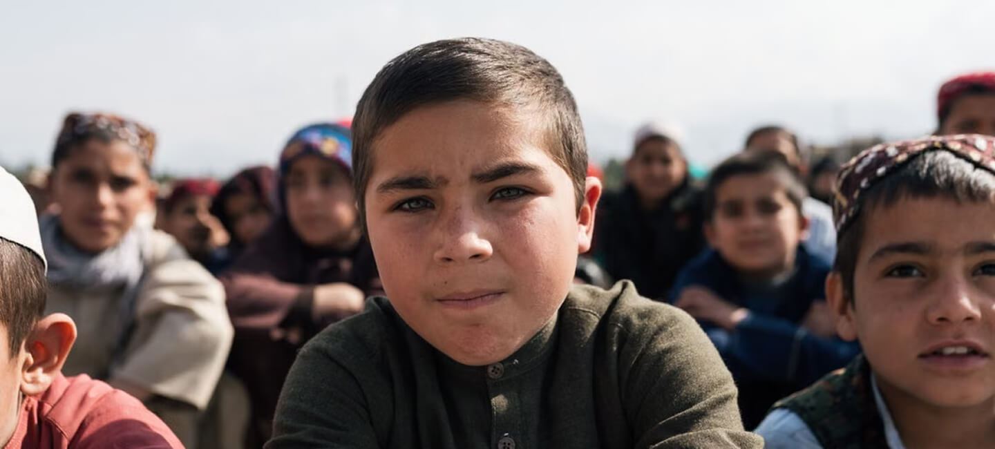 Boy looking at the camera in a large outdoor crowd of children