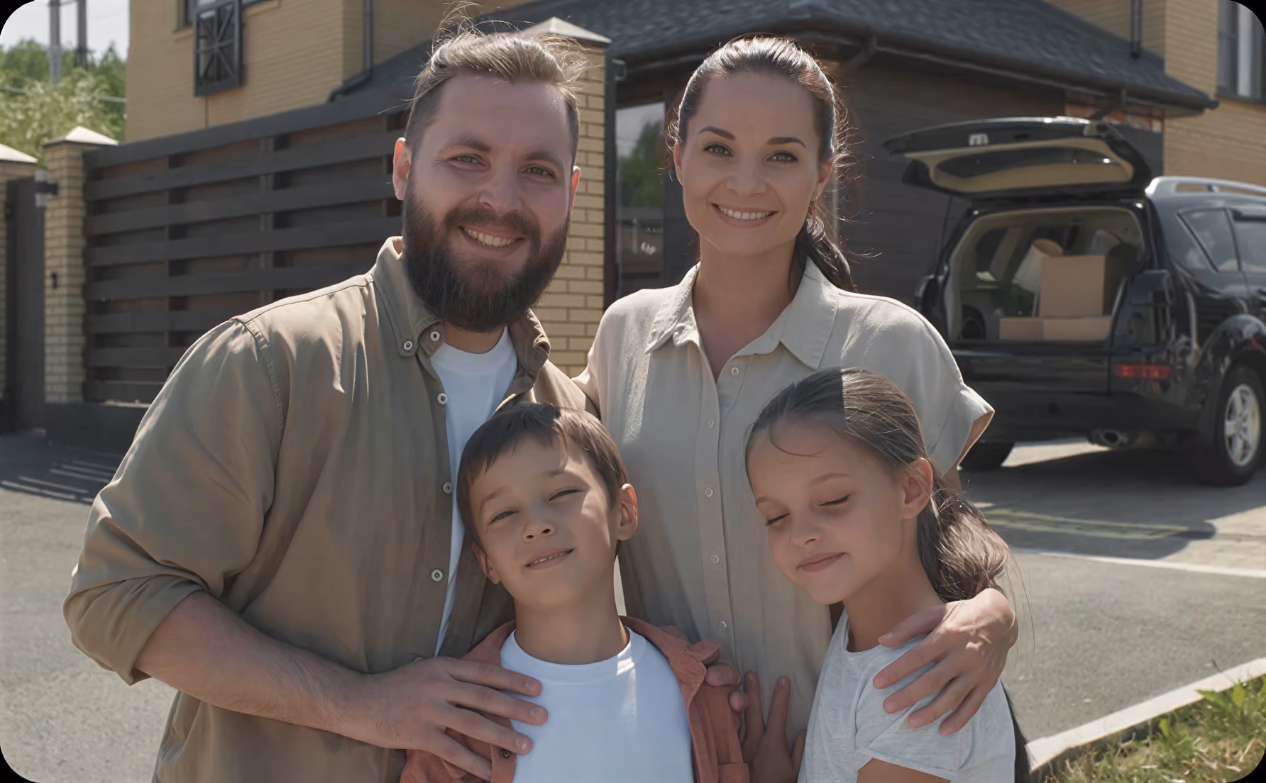 Smiling family of four standing outdoors near house with packed car in driveway behind them.