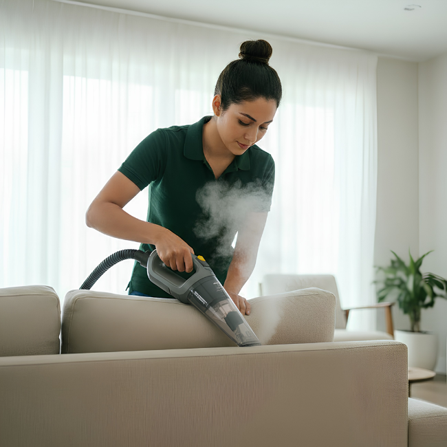 Сleaner using a steam cleaner to refresh and sanitize a sofa during dry cleaning